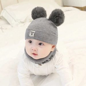 Mũ len kèm khăn 2 quả bông siêu đáng yêu cho bé