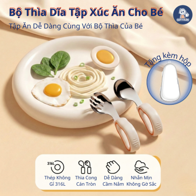 Set 2 Thìa Dĩa Cong Tập Xúc GutyKids Cho Bé Chất Liệu Inox 316 An Toàn Thiết Kế Xỏ Tay Dễ Cầm Nắm - Tặng Kèm Hộp (Sao chép)